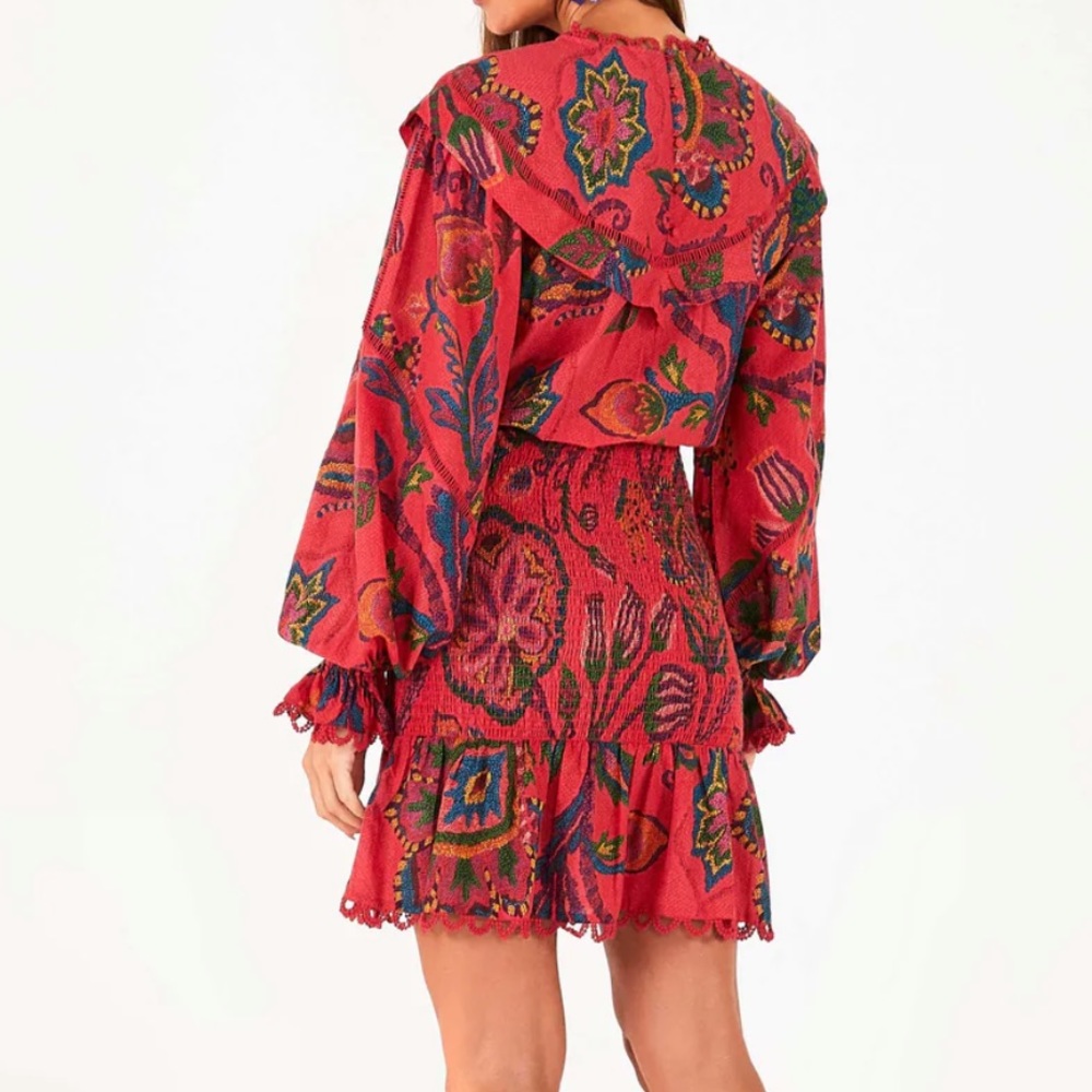FARM Rio Red Floral Paisley Mini Dress with Ruffle Collar - Picture 2 of 2